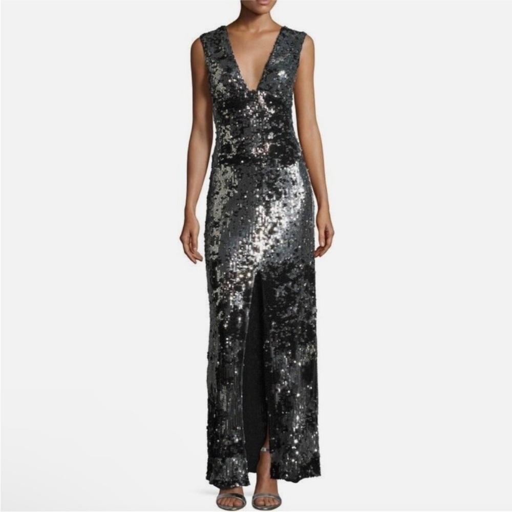 Rachel Zoe Black and Silver Sequin Gown with Plunge Neckline Night Out Size 2